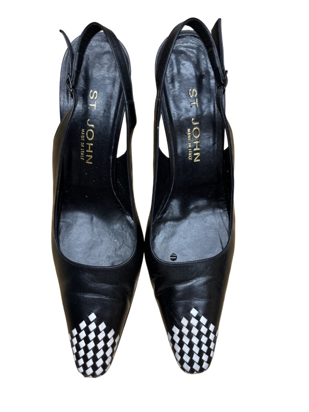St. John Black Leather Slingback Pumps with White Check Toe Detail